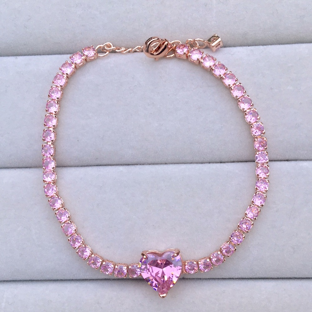 Rose Pink + Rose Gold Cubic Zirconia Heart Crystal Tennis Bracelet